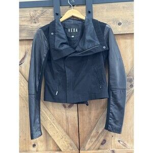 Veda Classic Canvas & Lambs Leather Moto Jacket Black Women's Sz M